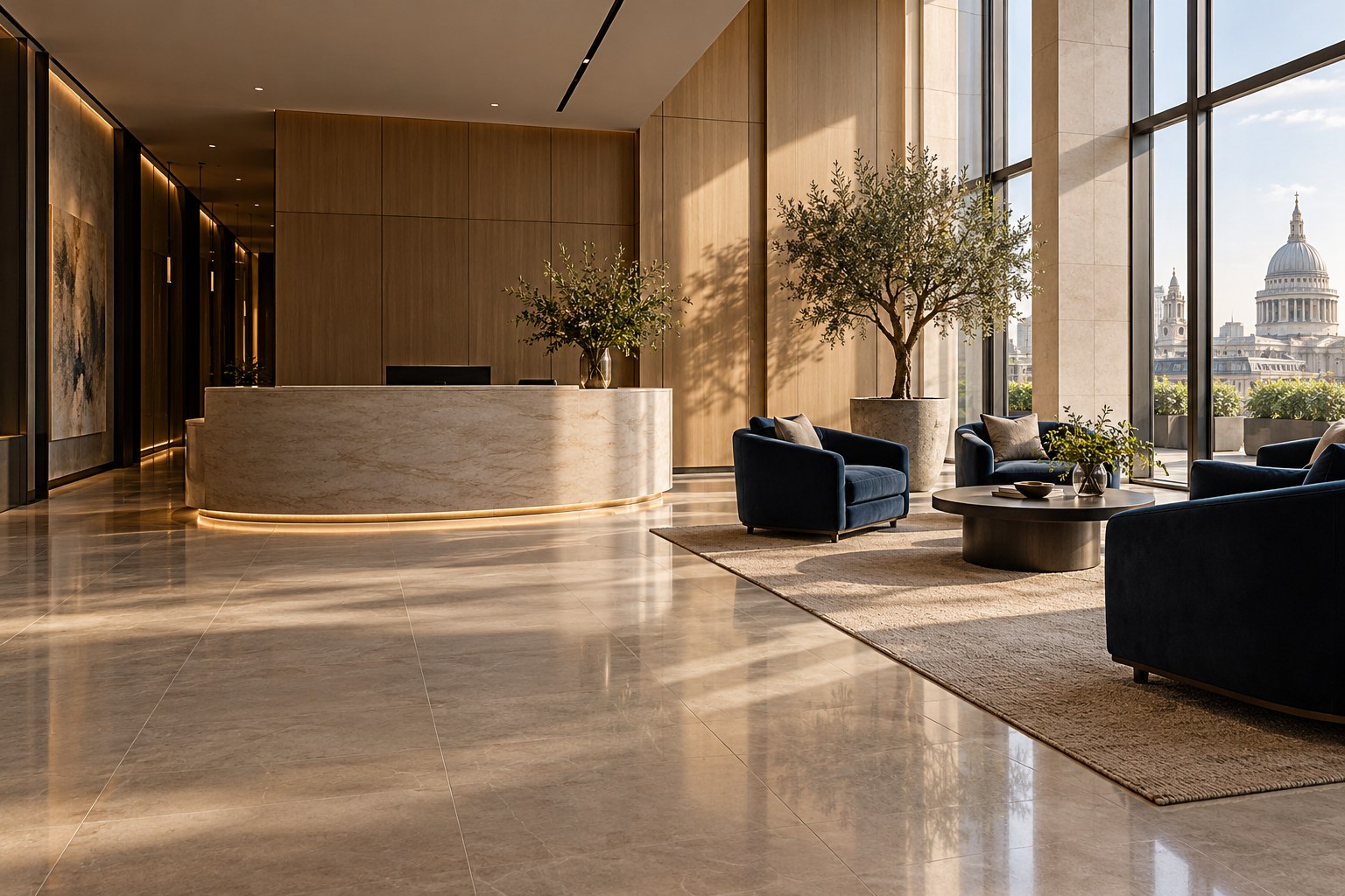 Beautifully maintained contemporary office reception with warm wood and polished stone floors